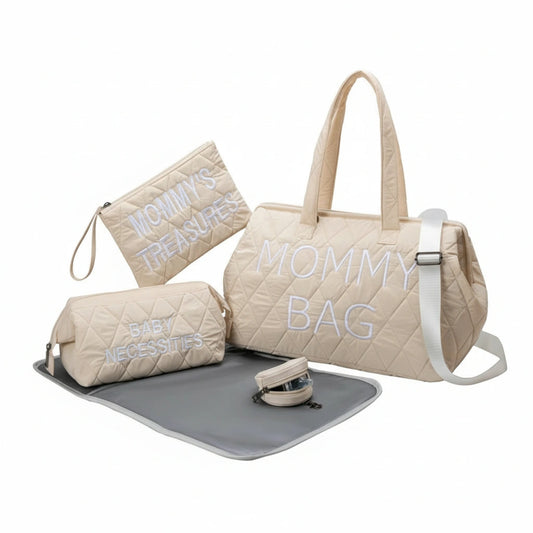 Beige diaper bag set with 'Mommy Bag' and 'Baby Necessities' text on a white background