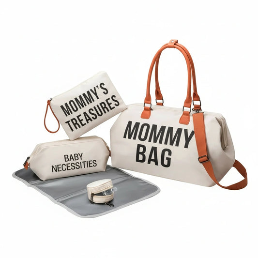 Set of mommy bags with 'Mommy's Treasures', 'Baby Necessities', and 'Mommy Bag' text on a white background.