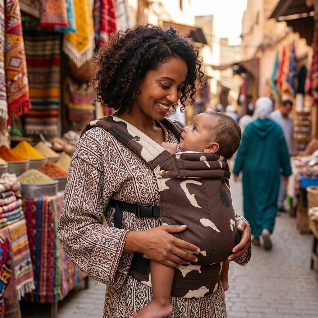 Woman carrying a baby in a market setting with colorful stalls.