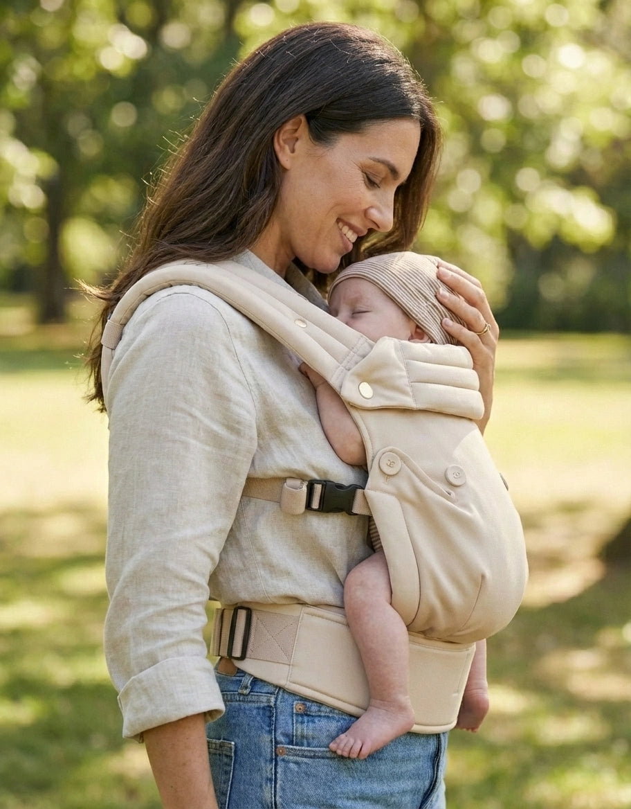 Woman carrying a baby in a beige baby carrier outdoors.