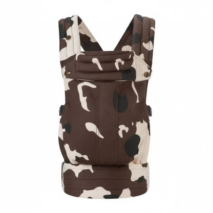 Brown and white cow print baby carrier on a white background