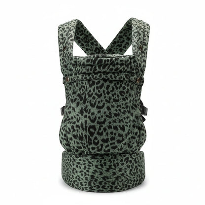 Green leopard print baby carrier on a white background