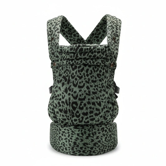 Green leopard print baby carrier on a white background