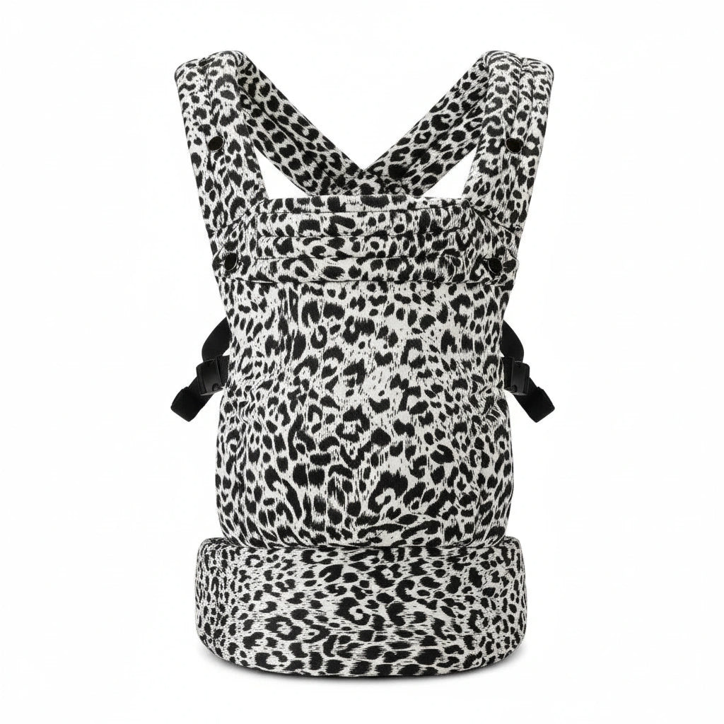 Leopard print baby carrier on a white background