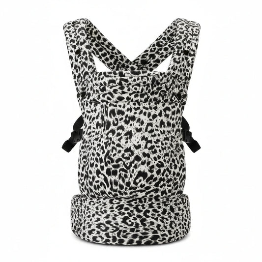 Leopard print baby carrier on a white background