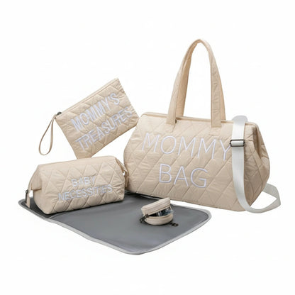 Beige diaper bag set with 'Mommy Bag' and 'Baby Necessities' text on a white background
