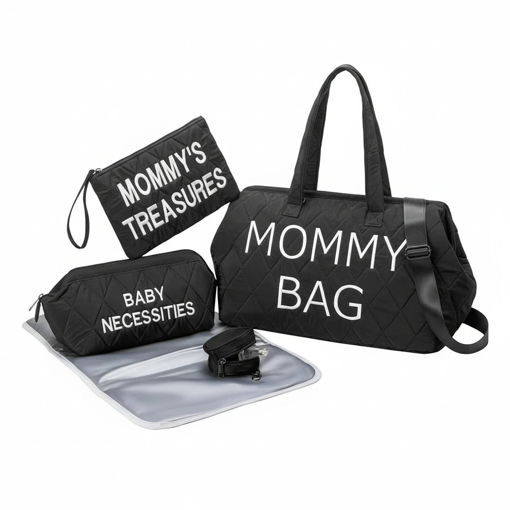 Black mommy bag set with 'Mommy's Treasures', 'Baby Necessities', and 'Mommy Bag' text on a white background.