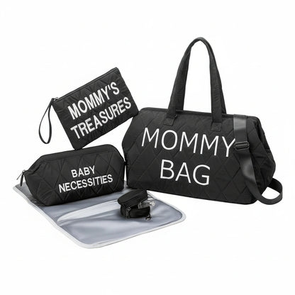 Black mommy bag set with 'Mommy's Treasures', 'Baby Necessities', and 'Mommy Bag' text on a white background.