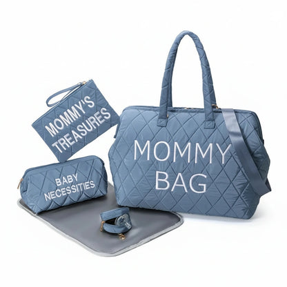 Blue quilted mommy bag set with pouches and changing mat on a white background