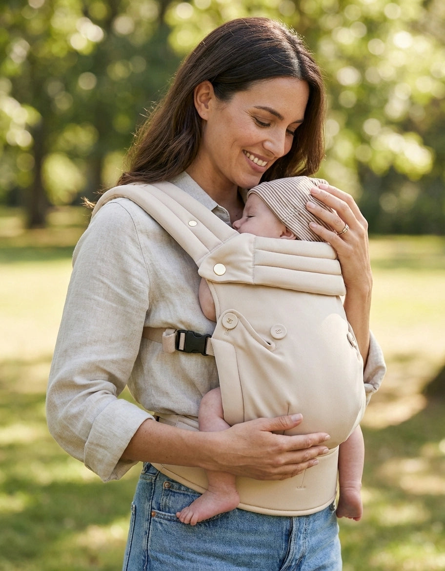 Woman carrying a baby in a beige baby carrier outdoors.