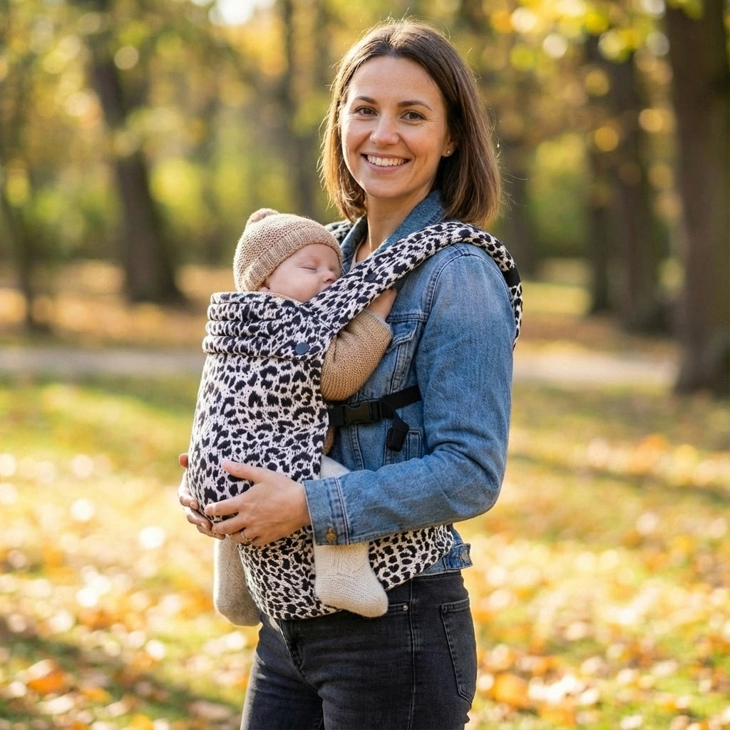 Woman carrying a baby in a leopard print sling outdoors in a park with trees and grass.