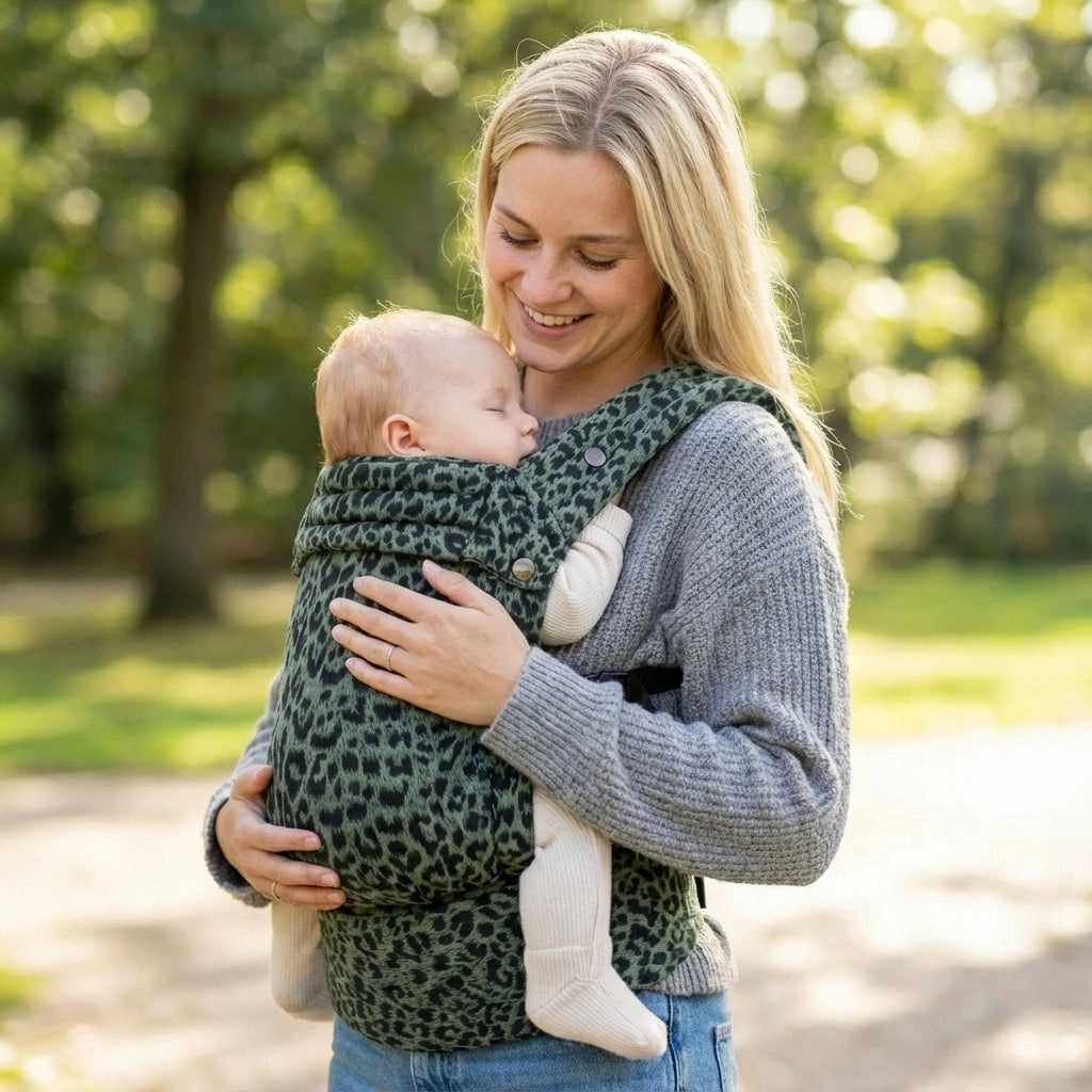 Woman holding a baby in a green leopard print carrier outdoors.