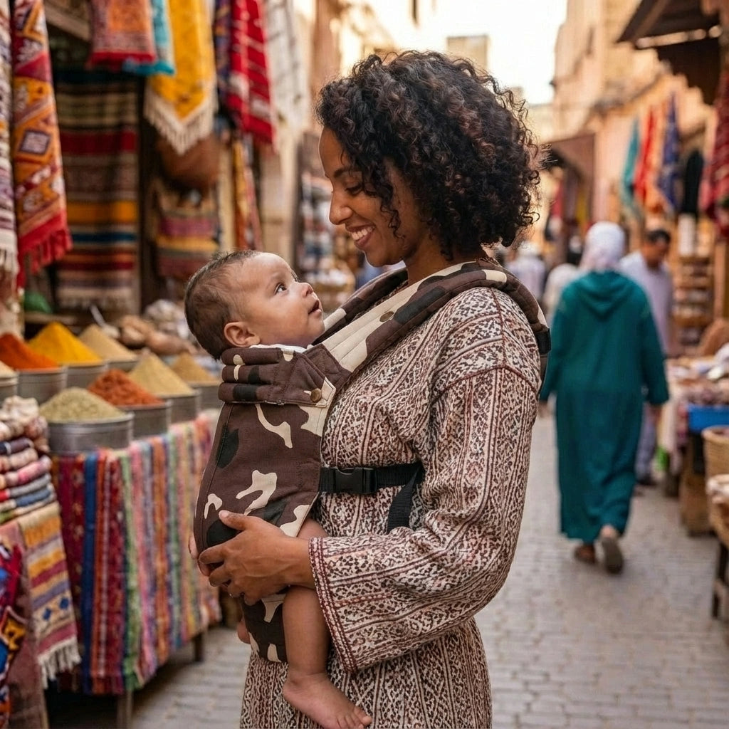 Woman holding a baby in a market setting with colorful stalls and people in the background.