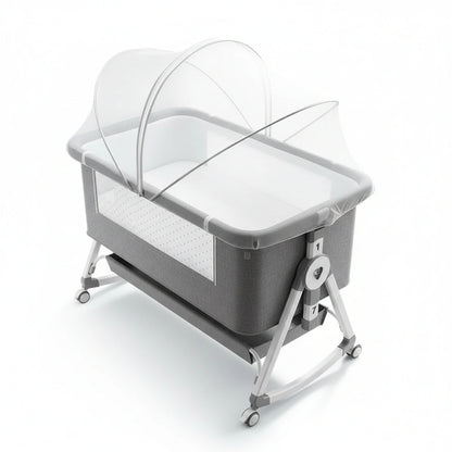 Multi-Functional Baby Crib with Adjustable Height and Rocking Feature – Movable Folding Baby Bed for Infants and Toddlers White gold