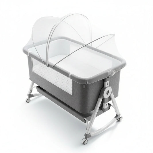 Multi-Functional Baby Crib with Adjustable Height and Rocking Feature – Movable Folding Baby Bed for Infants and Toddlers – Grey and white
