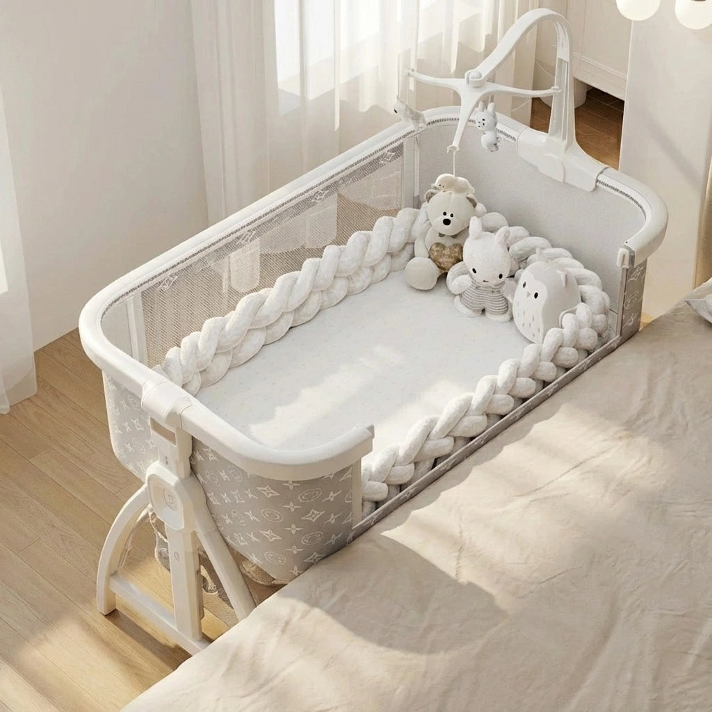 Multi-Functional Baby Crib with Adjustable Height and Rocking Feature – Movable Folding Baby Bed for Infants and Toddlers White gold