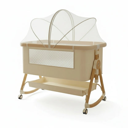 Beige baby crib with canopy on a white background