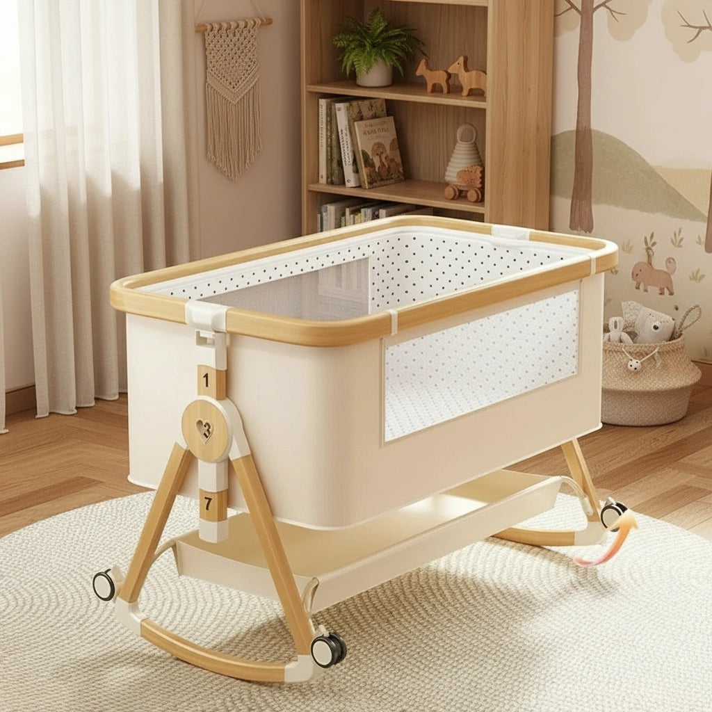 Baby crib with wooden frame and white mattress in a room with a bookshelf and toys.