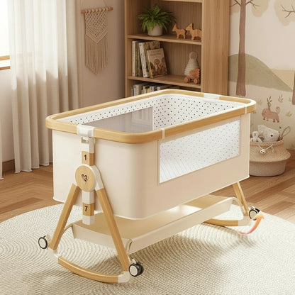 Baby crib with wooden frame and white mattress in a room with a bookshelf and toys.