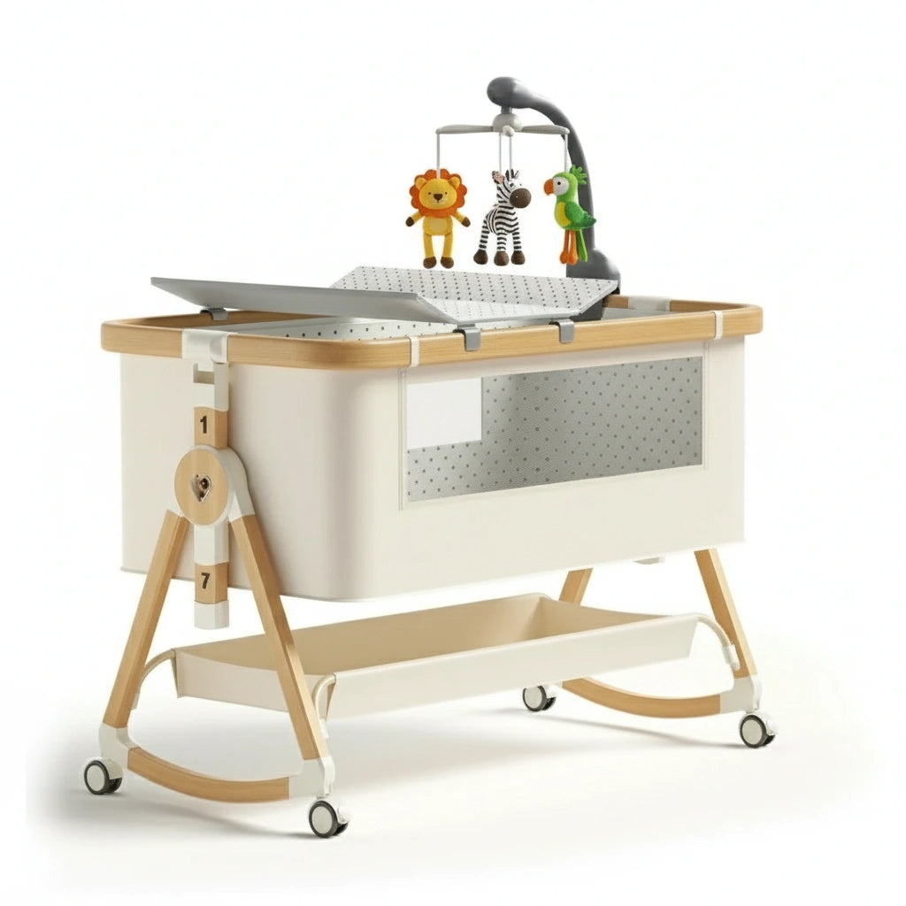 Baby crib with wooden frame and white mattress on a white background